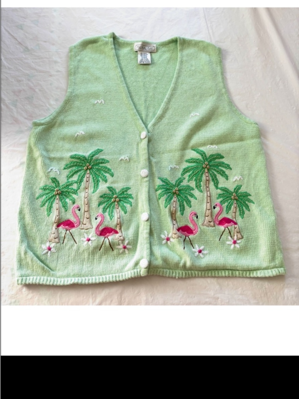 Vintage Mandal Bay Green Pink Tropical Flamingo Palm Cotton Knit Vest SZ L - Picture 8 of 11
